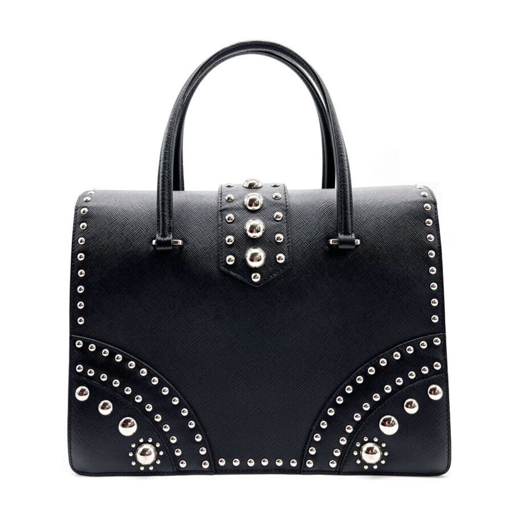 Prada handle Saffiano Lux Studded top Leather Black bag